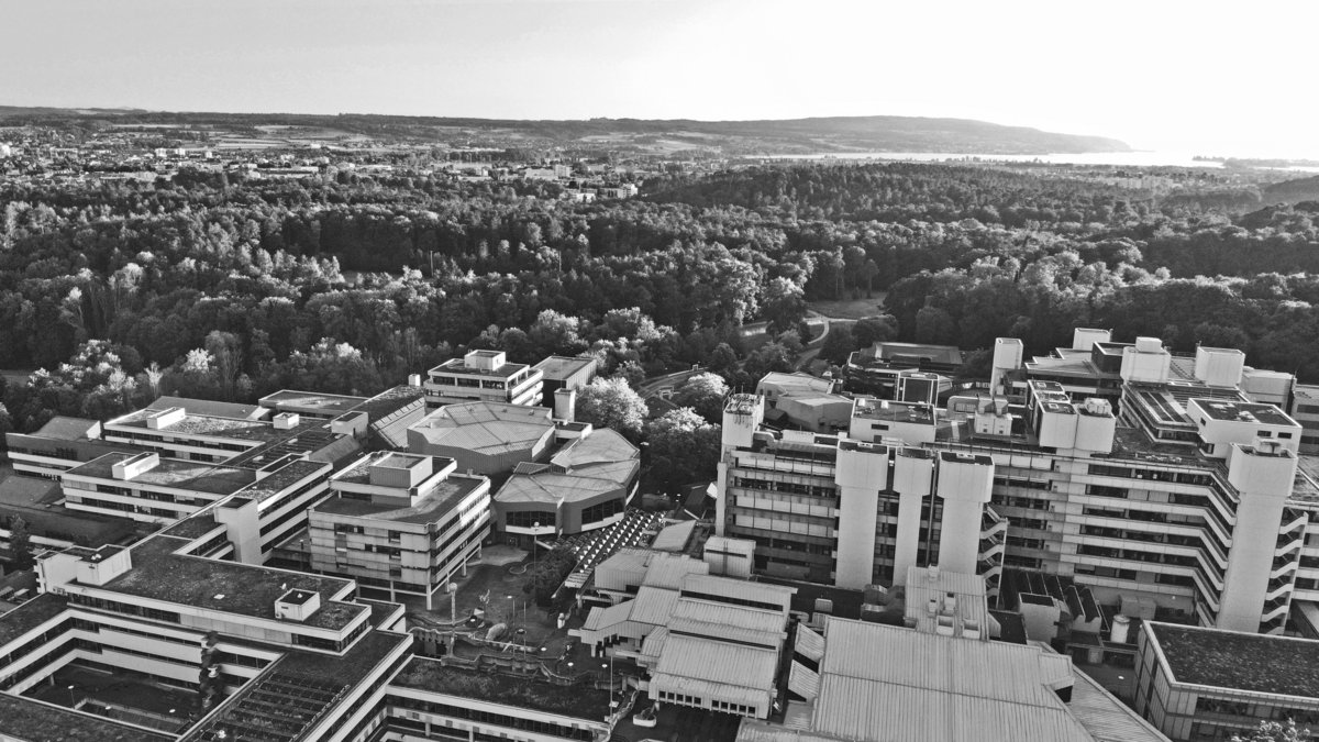 Aerial view of the university in black and white