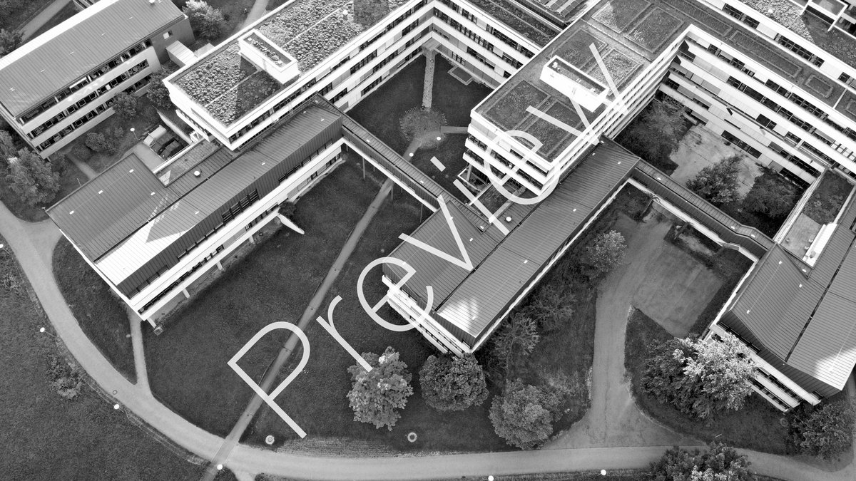Aerial view of buildings E,D,C,Y (with "Preview" watermark) Black and white