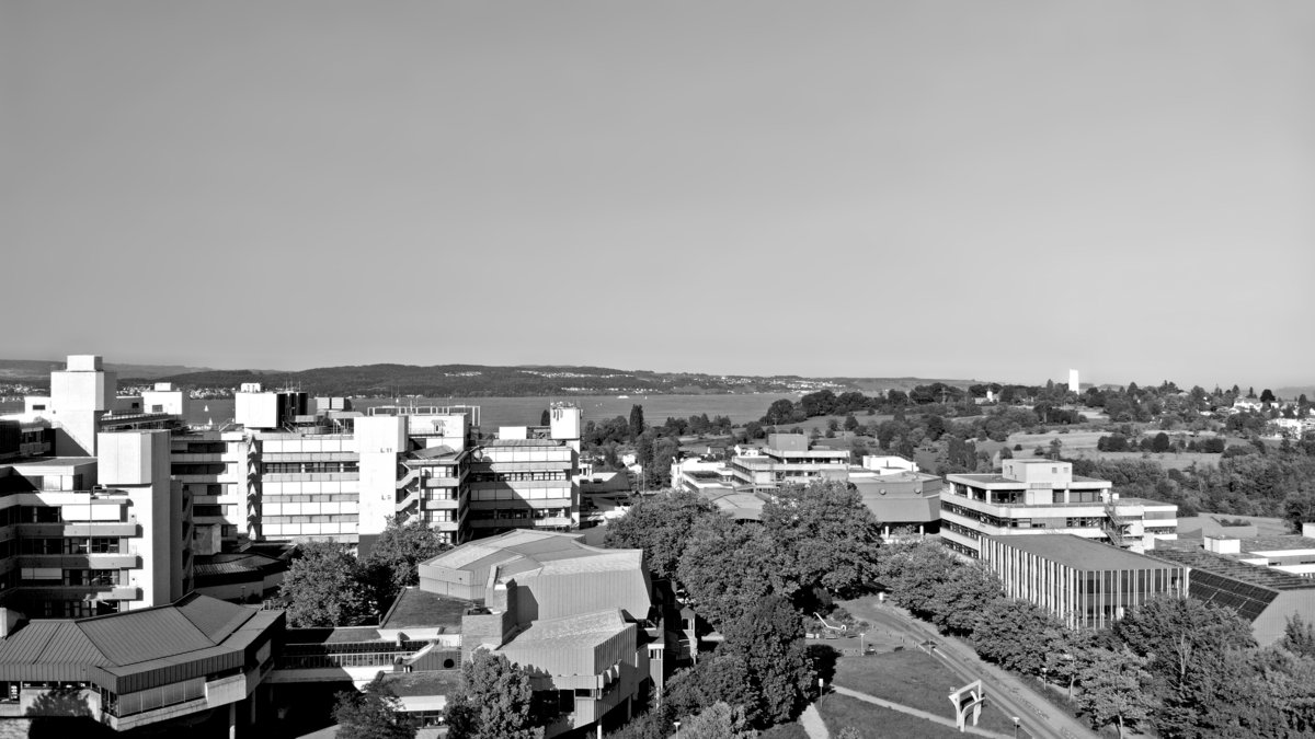 Aerial view (buildings N,R,P,L,A,V,J) Black and white