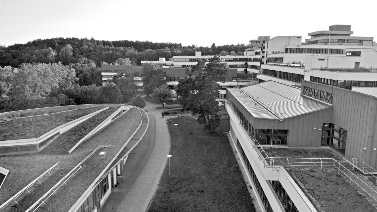 Aerial view (buildings KH,F,C,D) Black and white