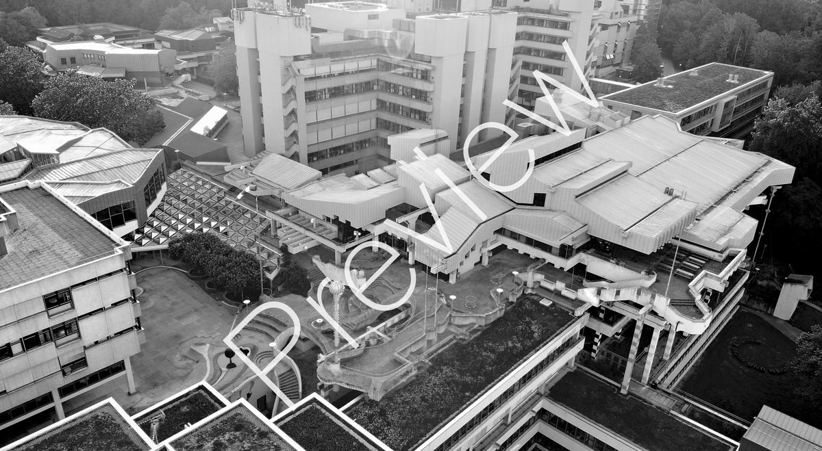 Aerial view of the university (with "Preview" watermark) Black and white